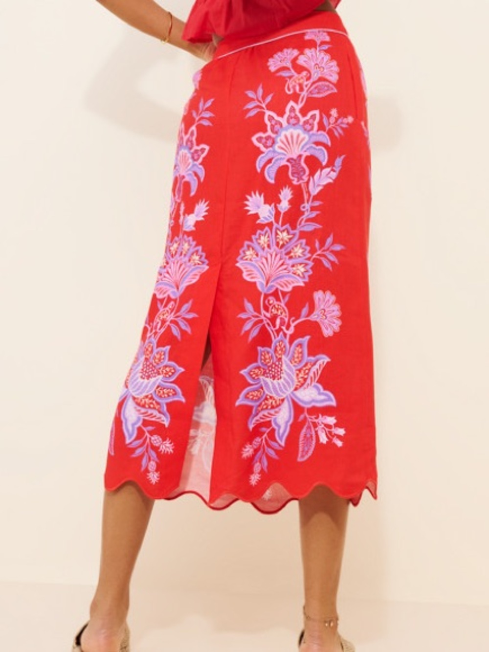 FARM Rio Porcelain Garden Red Motif Linen Blend Scalloped Midi Skirt S - Picture 3 of 16